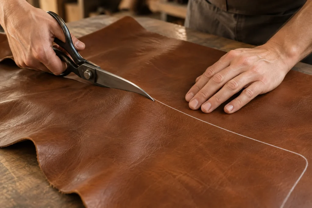 Hand cutting, leather dining chair work
