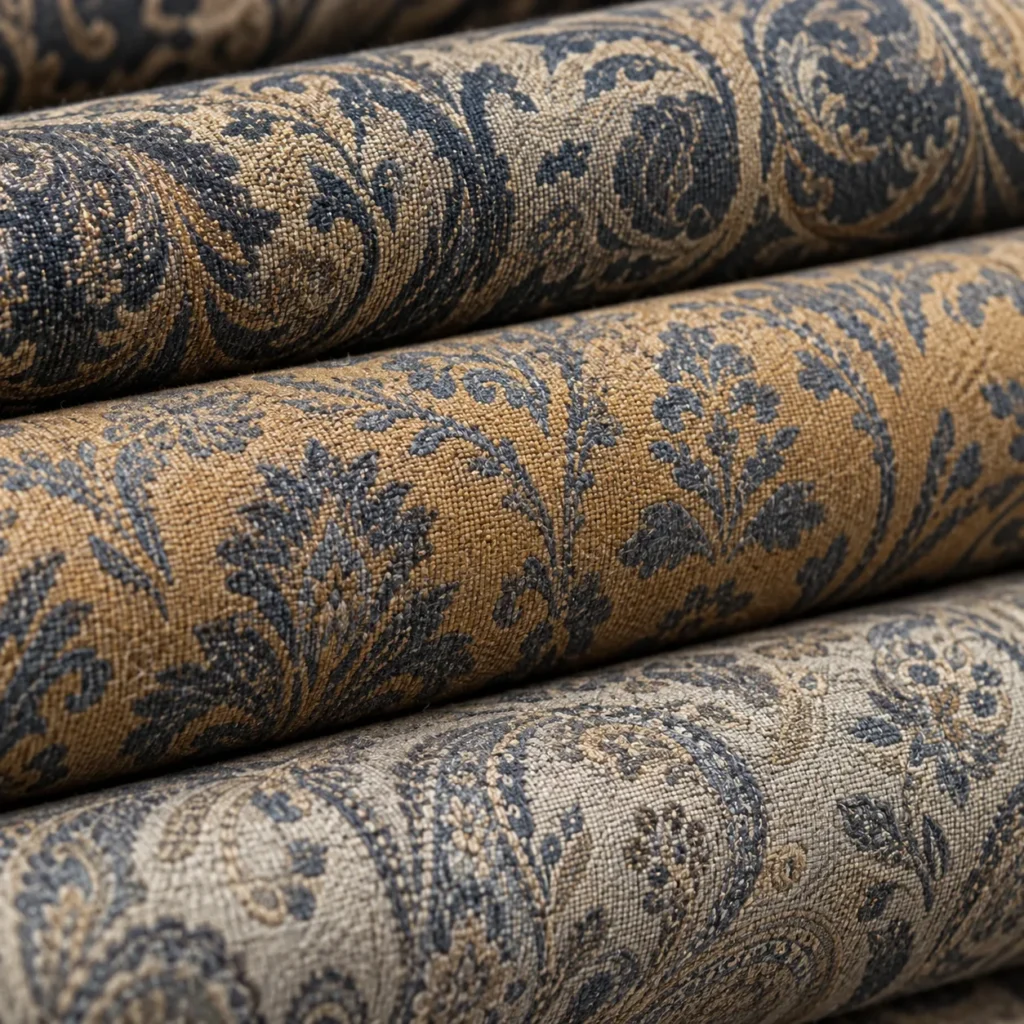 Bolts of damask upholstery fabric