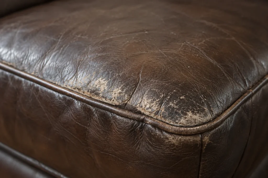 Worn front welt, leather loveseat detail