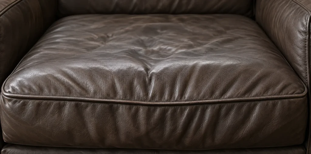 Creased seats, leather loveseat detail