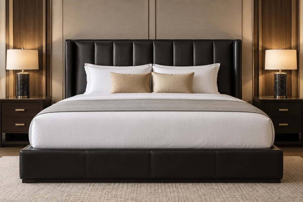 Dark brown leather platform bed with a panel headboard