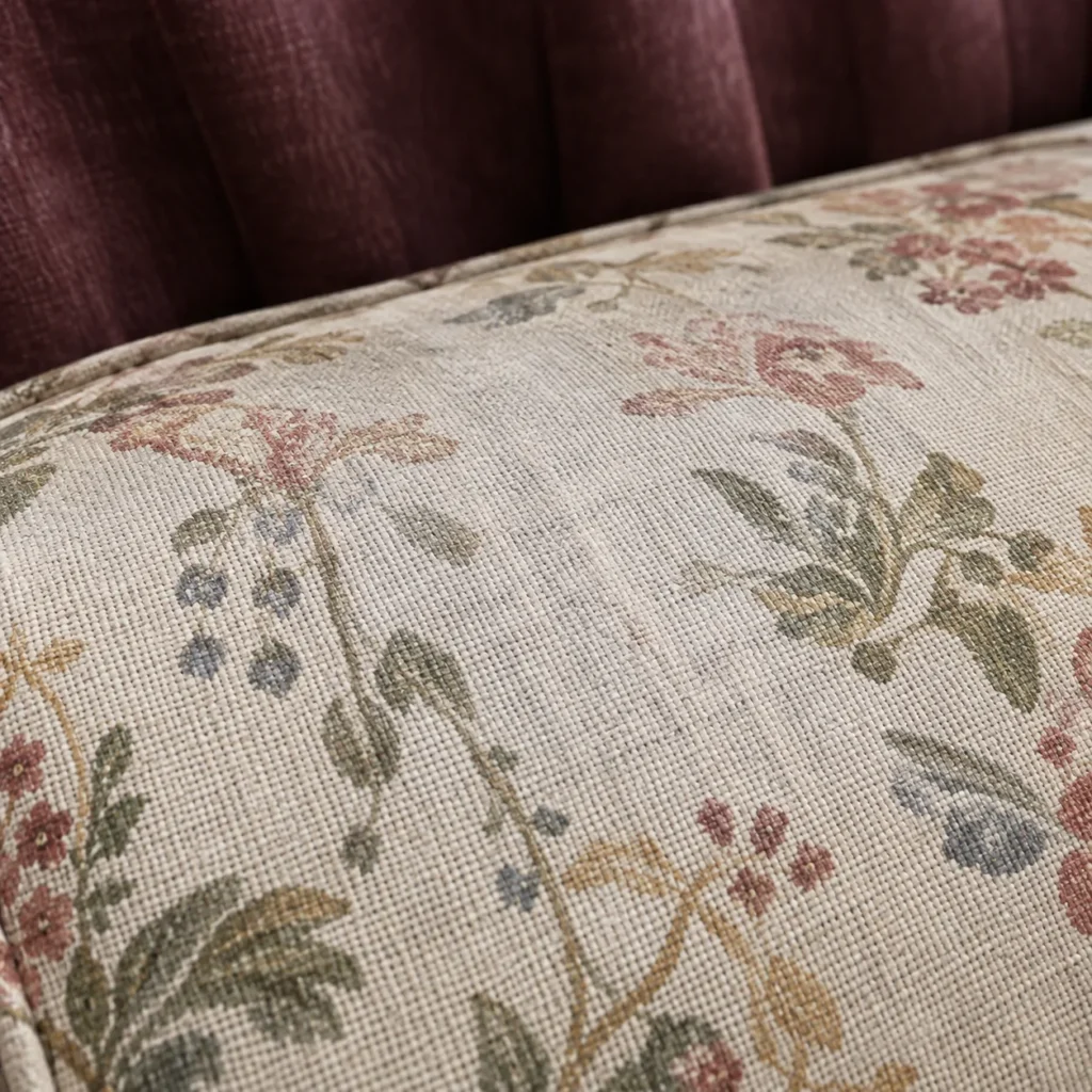 Roll edge of a headboard covered in an old floral chintz