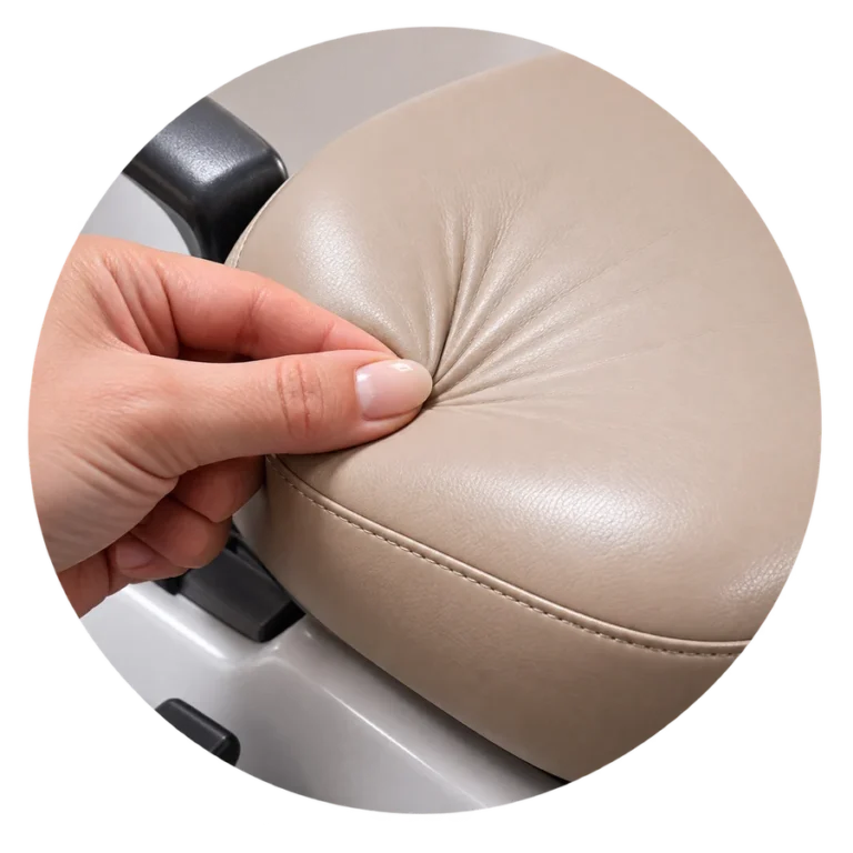 Vinyl on a dental chair being checked before repair