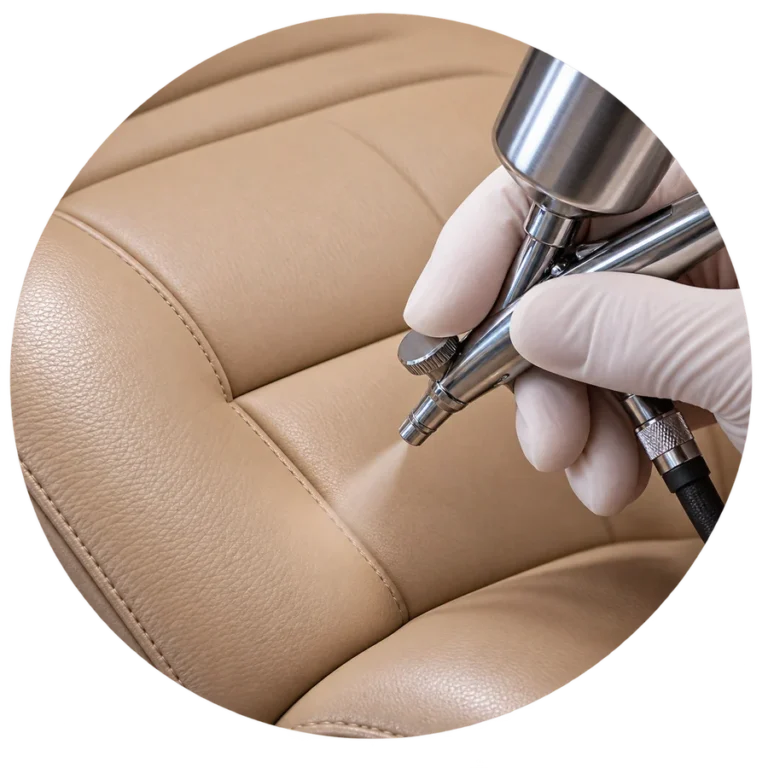 Vinyl on a dental chair being recolored with an airbrush