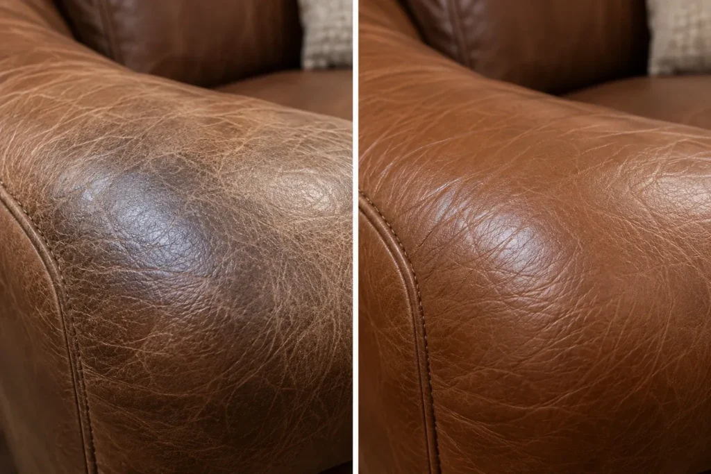 Body oil on leather, before and after