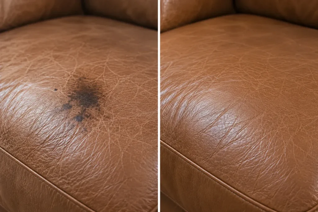 A stain on leather, before and after