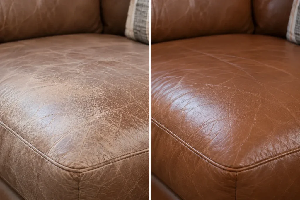 Worn color on leather, before and after