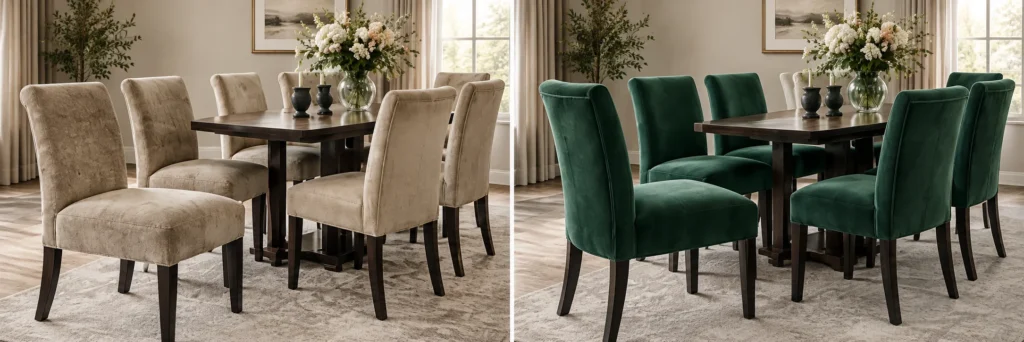 Set of dining chairs recovered from beige fabric to emerald, before and after