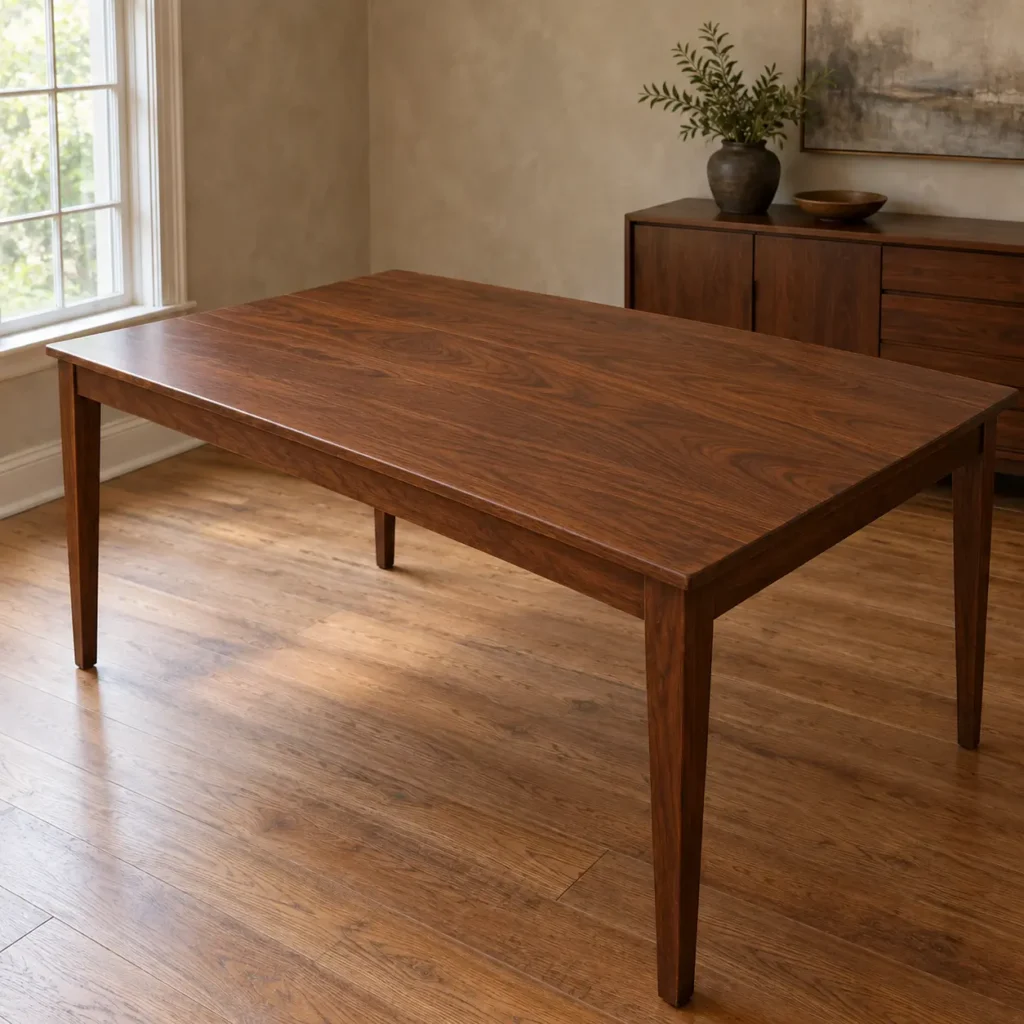 Dining table with a rebuilt finish