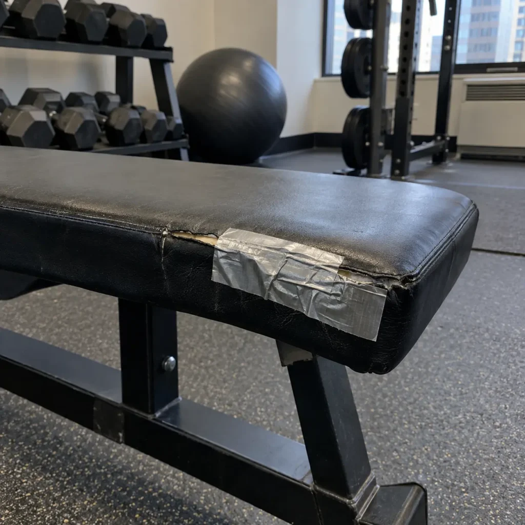 Duct tape covering a tear on a vinyl gym bench