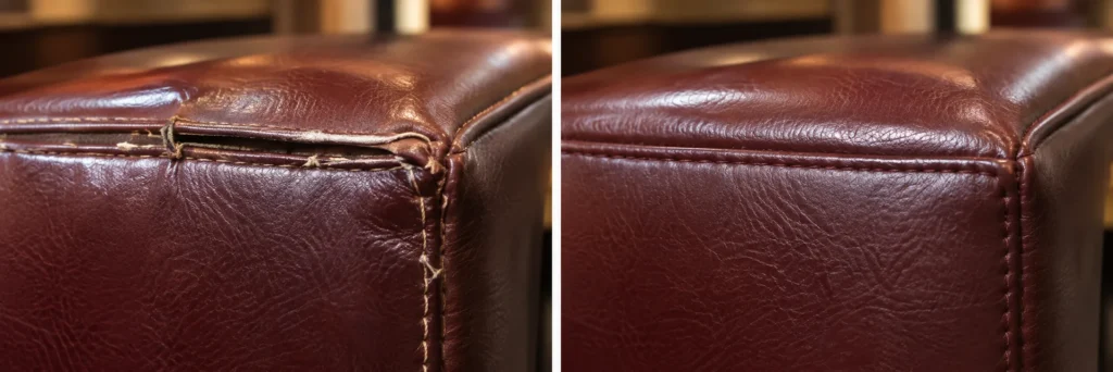 A booth seam before and after repair