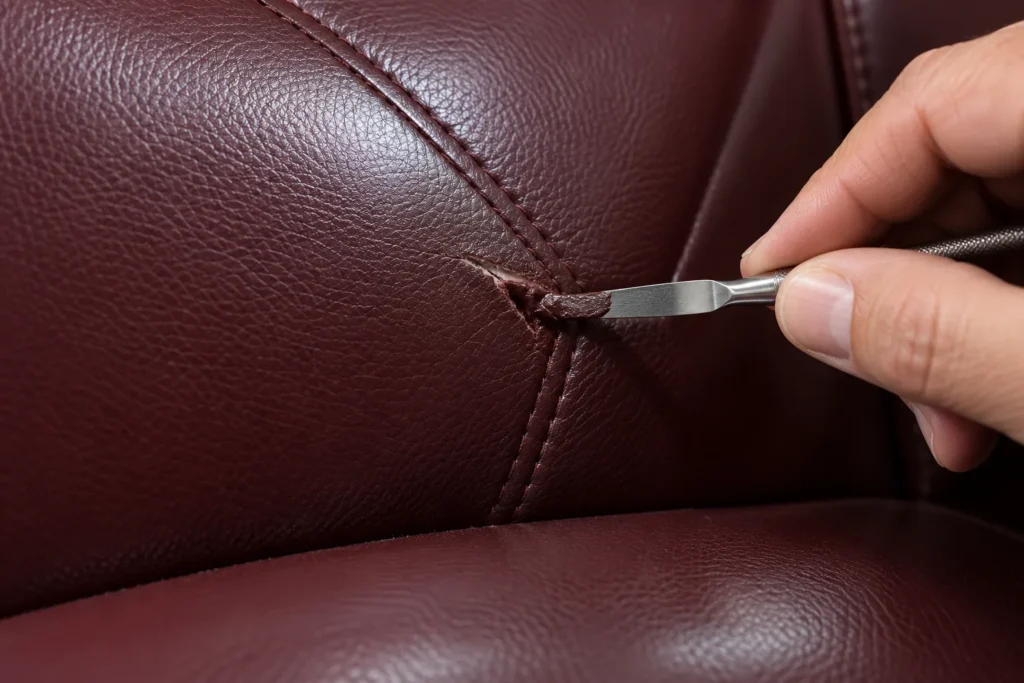 A detail of an emergency leather repair