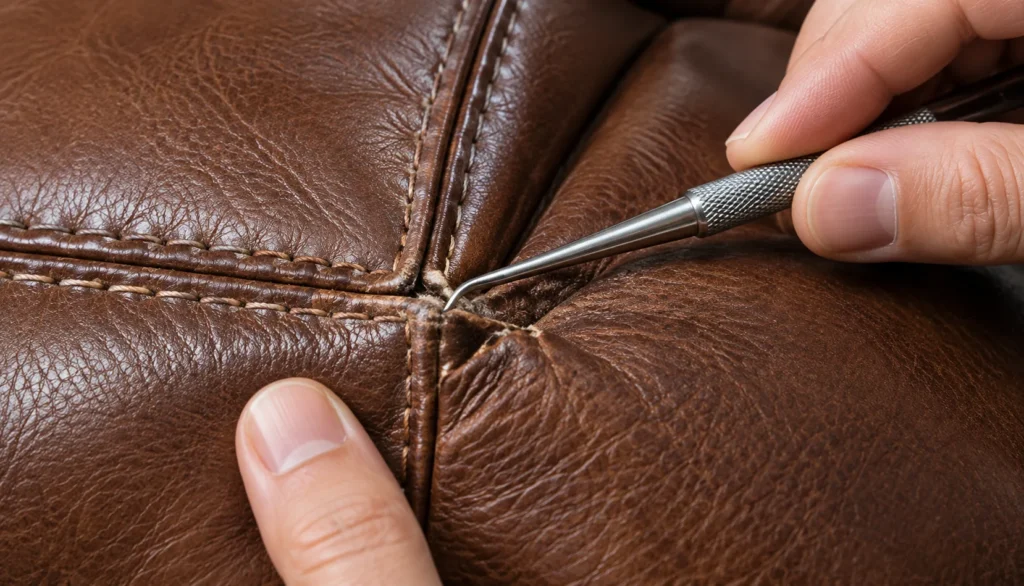 A leather seam repair in progress