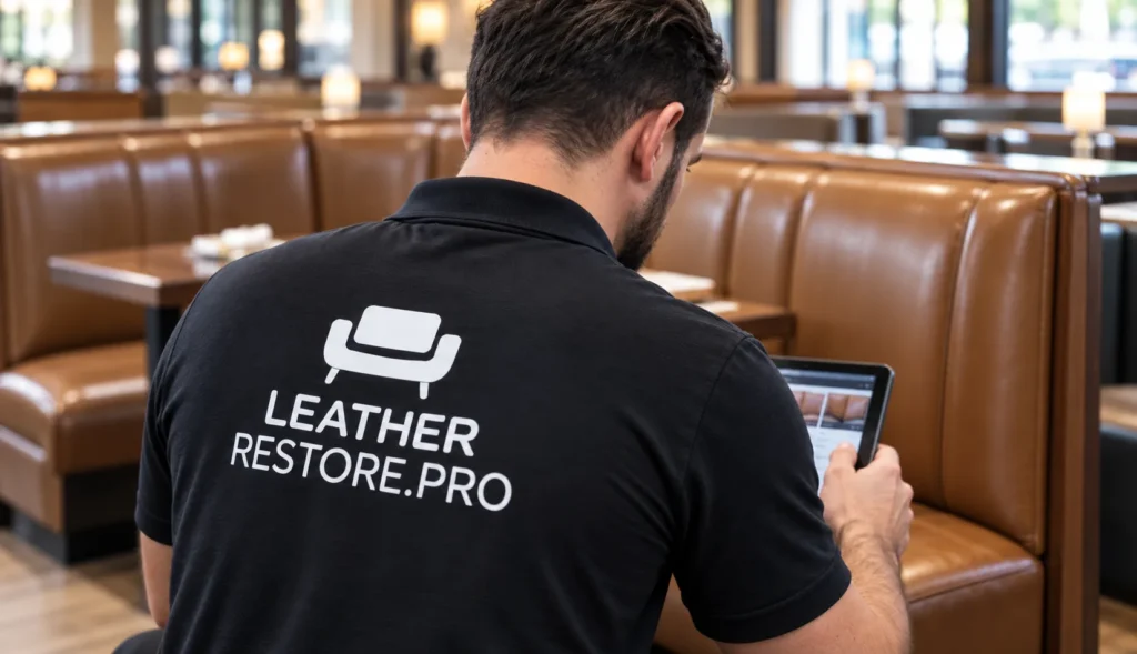 A technician assessing a booth on a tablet