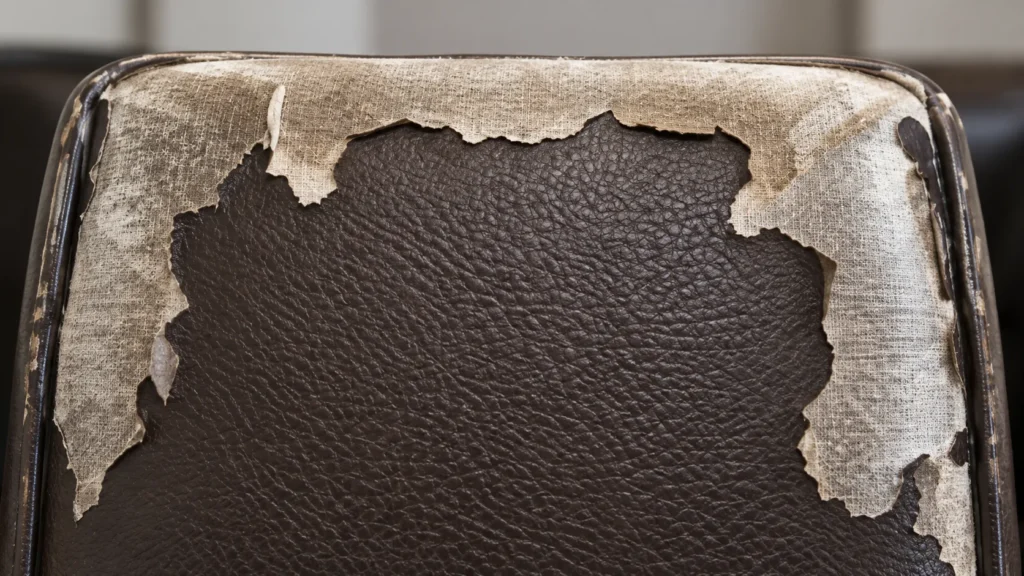 A peeling vinyl chair back being repaired