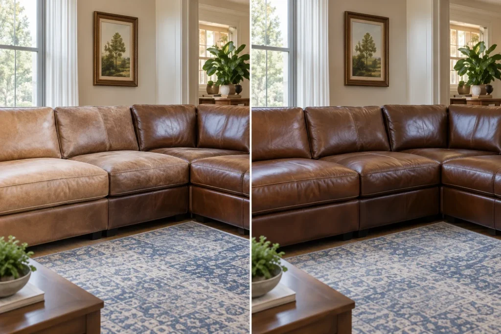 Brown leather sectional before and after color restoration