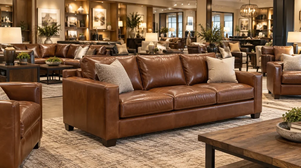A brown leather sofa in a showroom