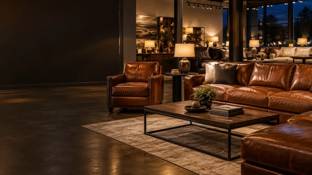 Leather seating in a showroom at evening