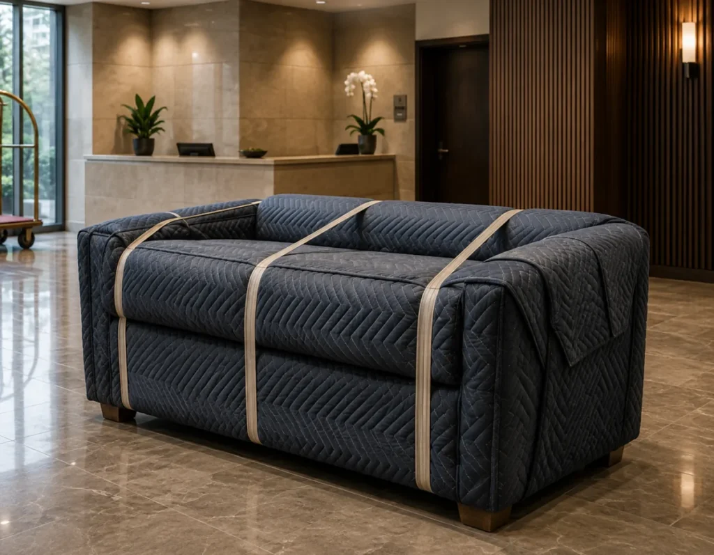 Furniture wrapped in moving blankets