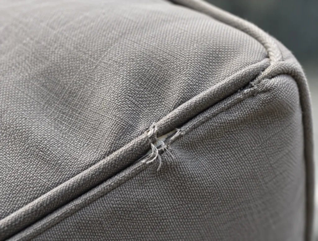 Outdoor cushion close-up: frayed corners