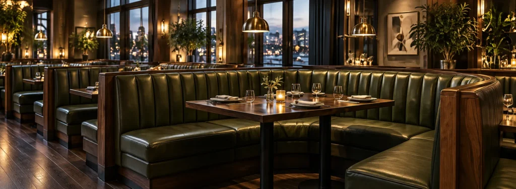 Green leather booths in a dining room