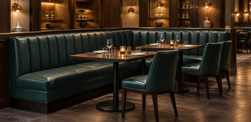 Dark green leather corner banquette in a wine bar