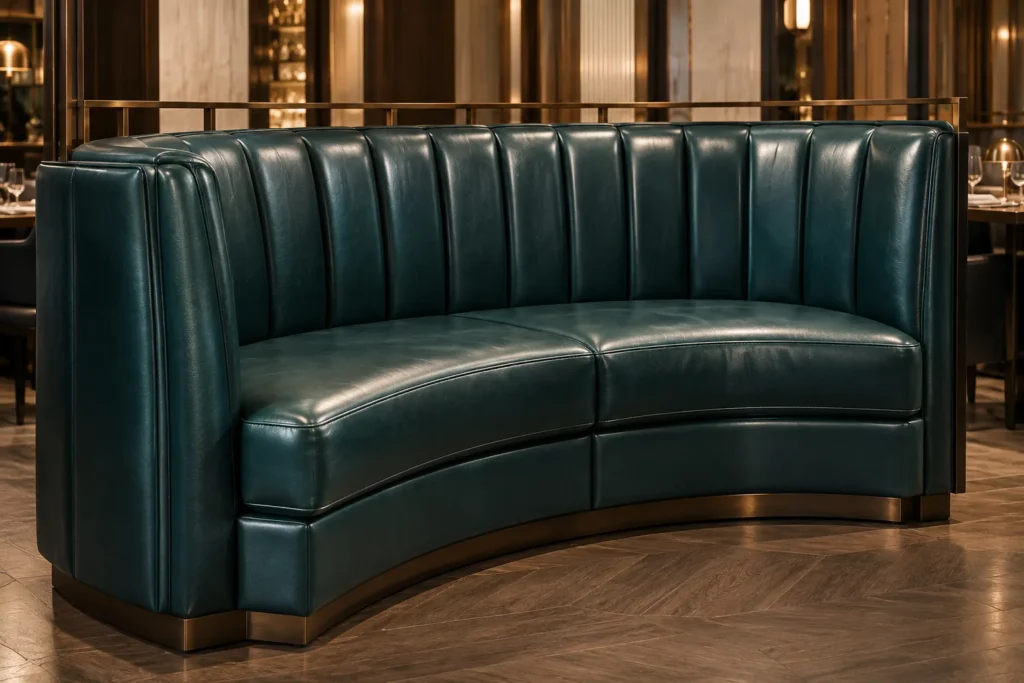 A curved green leather banquette