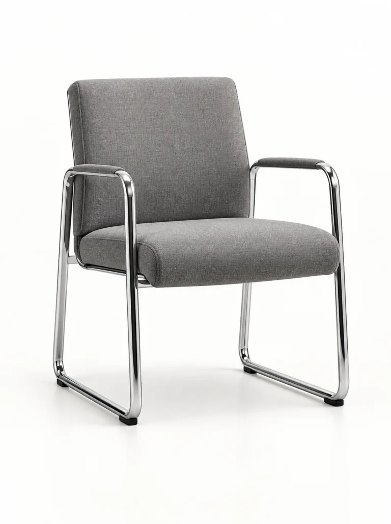 Gray upholstered guest chair with a chrome frame