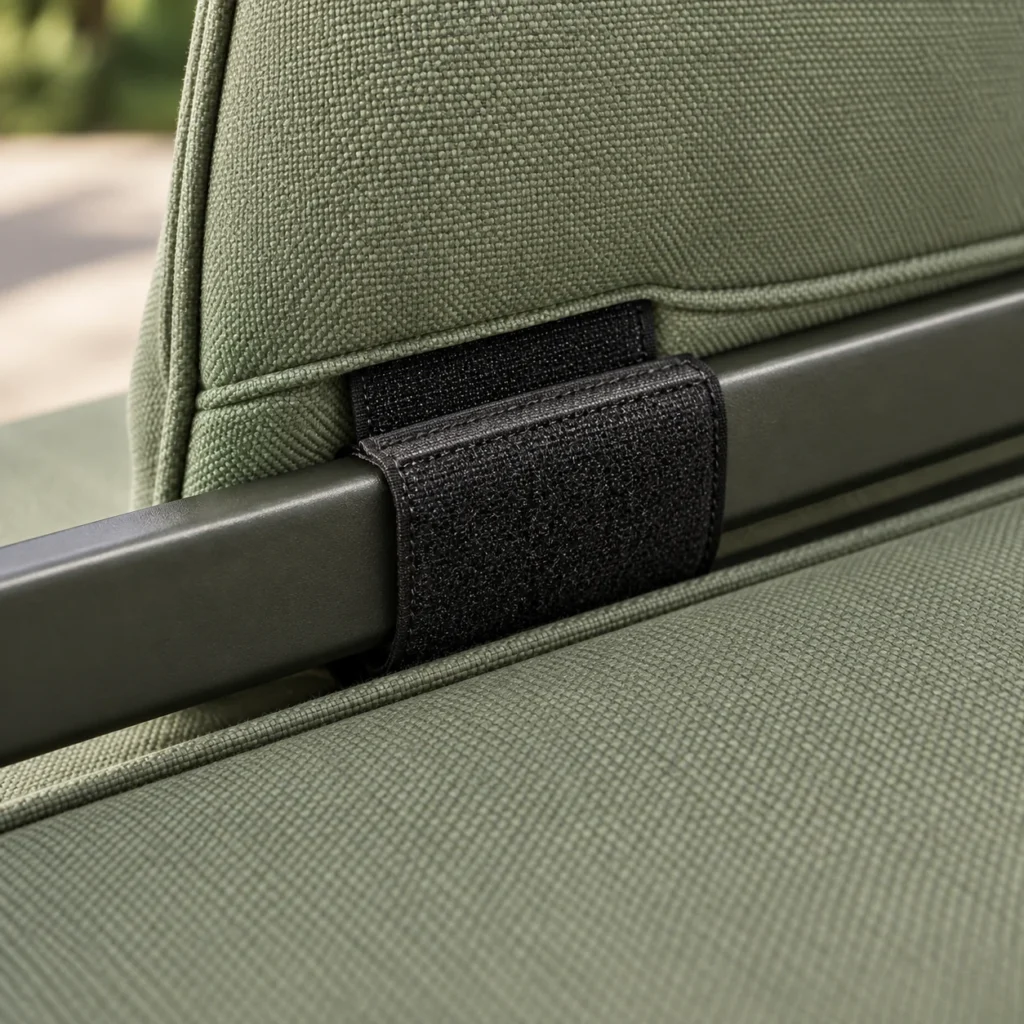 Outdoor cushion close-up: ties and straps