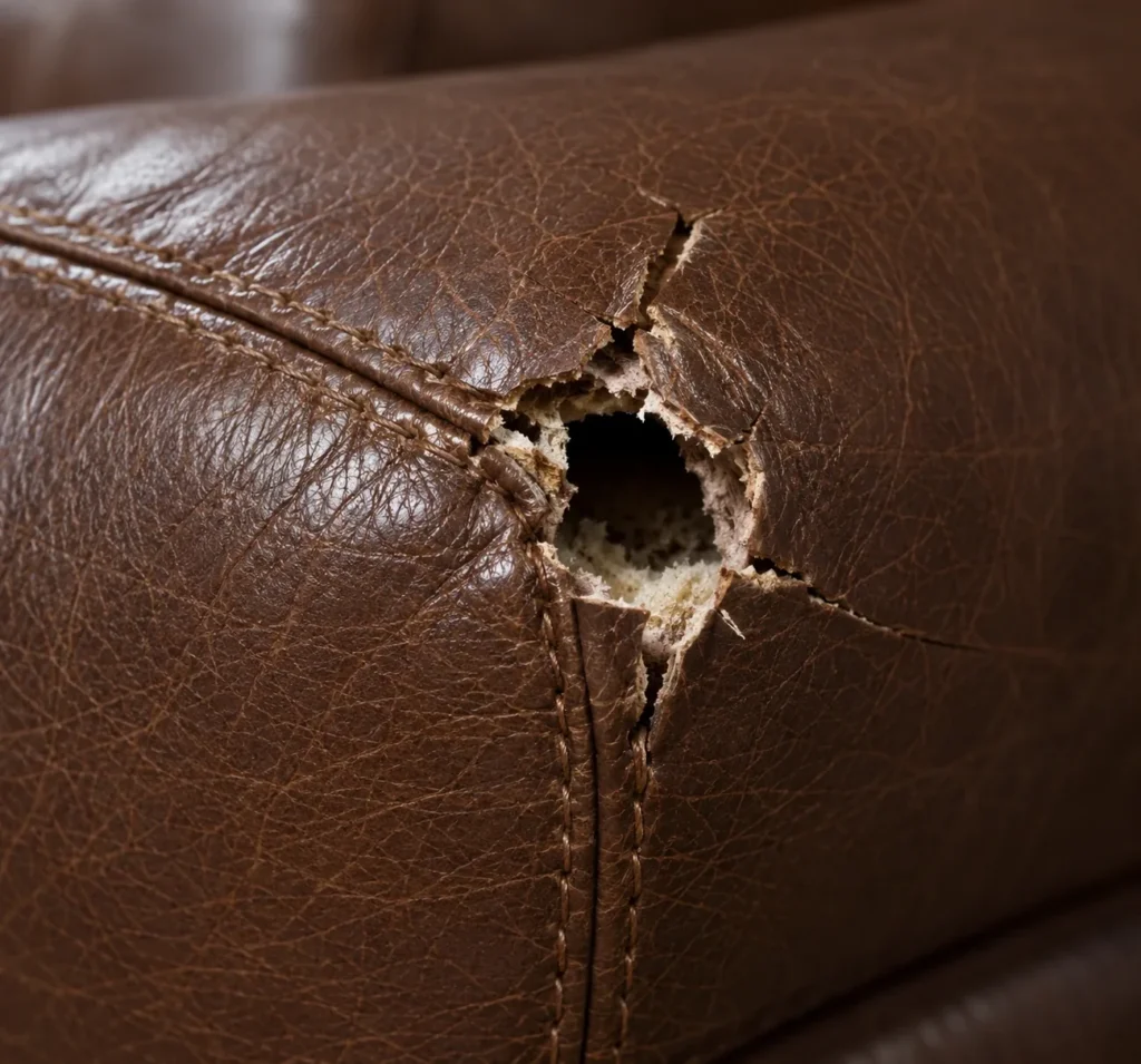At a seam hole in leather