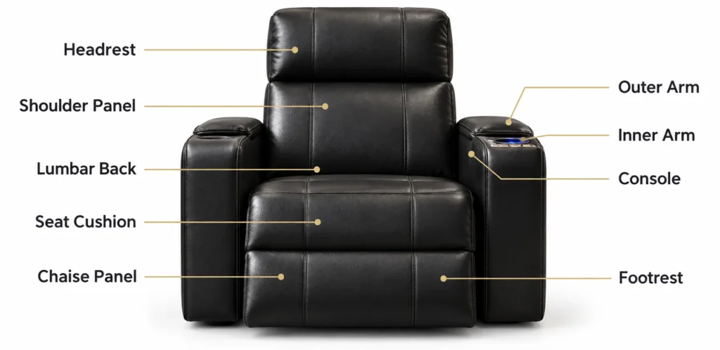 Labeled diagram of a home theater recliner: headrest, shoulder, lumbar, seat, chaise, arms and console