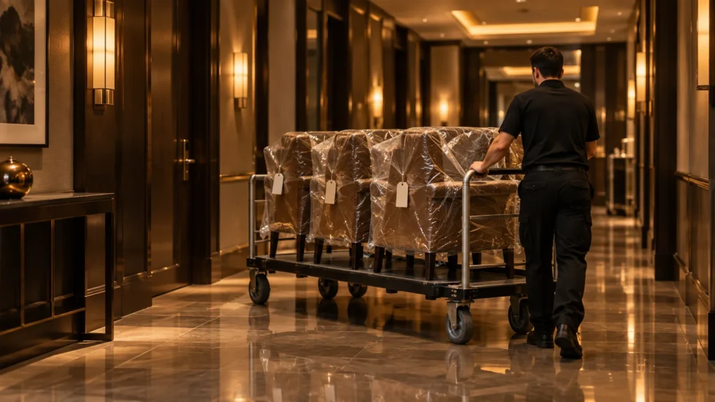A wrapped furniture cart in a hotel corridor