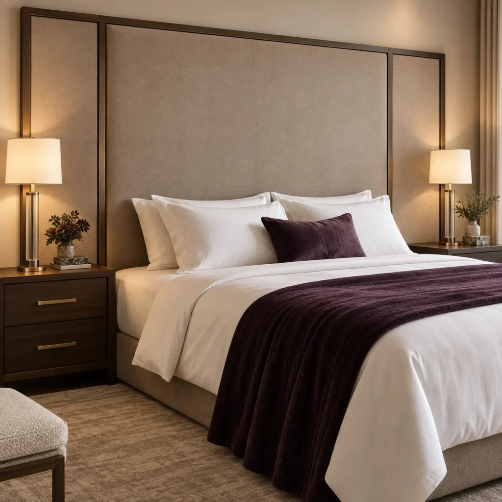 Hotel room with an extra-wide framed panel headboard