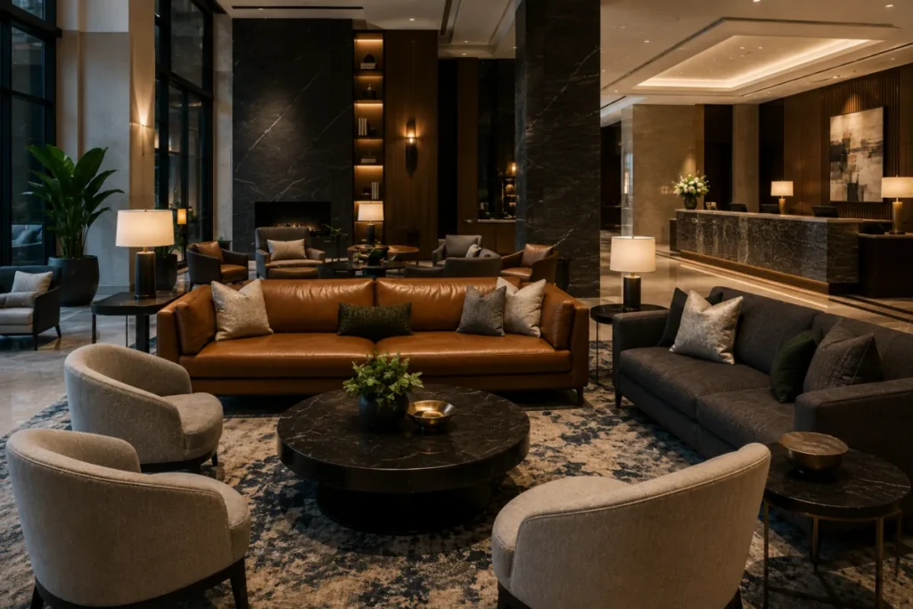 Leather lounge seating in a hotel lobby