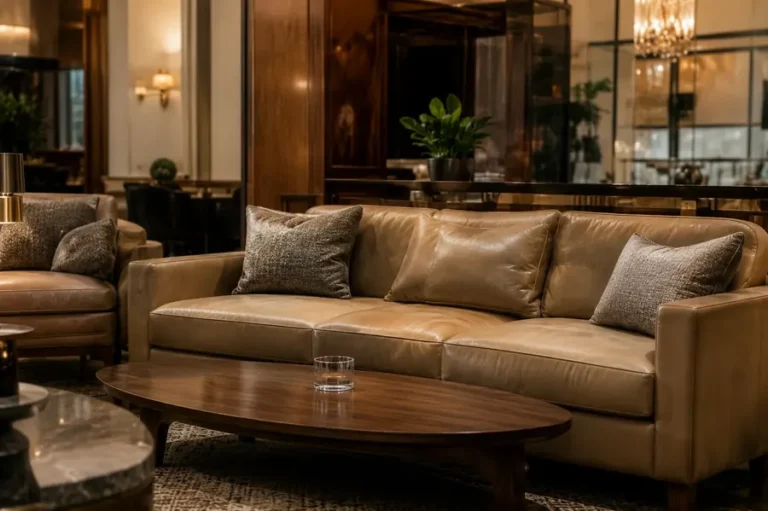 Leather sofas in a hotel lobby, restored to an even finish