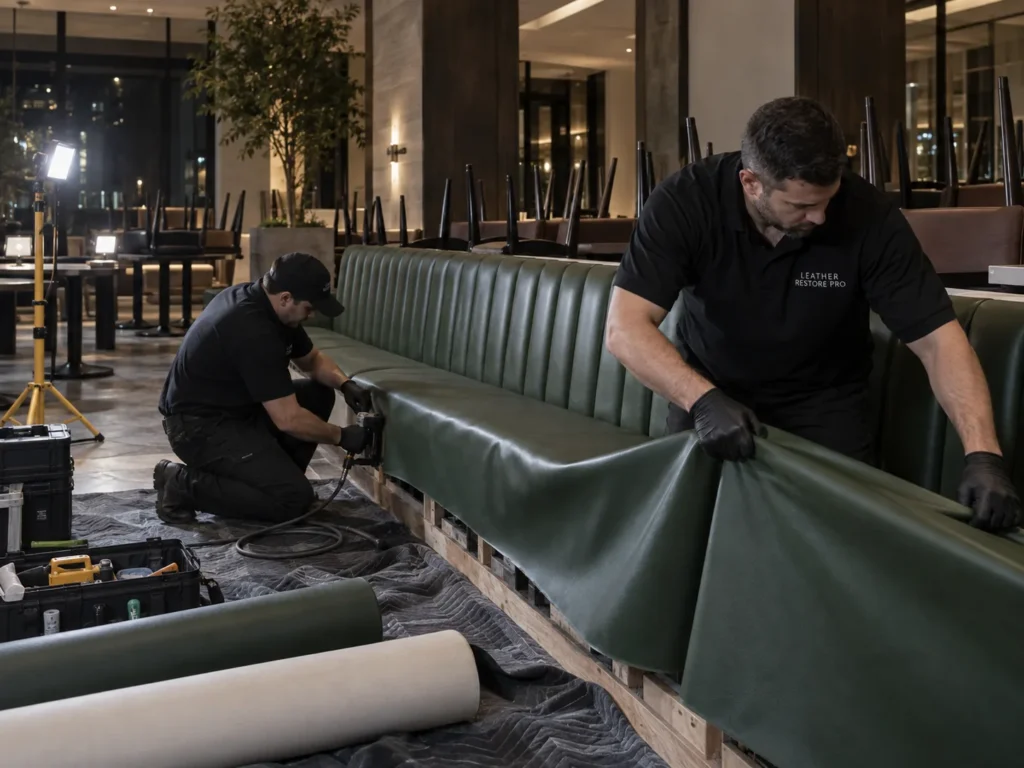 An overnight crew recovering a hotel banquette