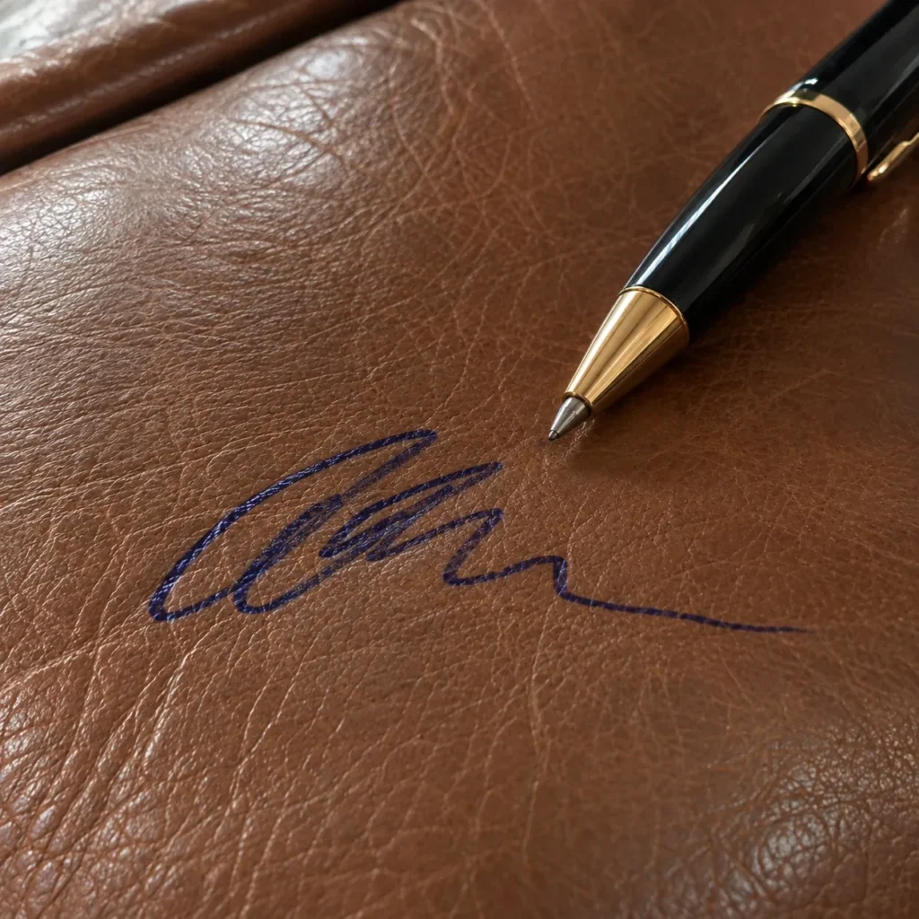 Ballpoint ink on leather