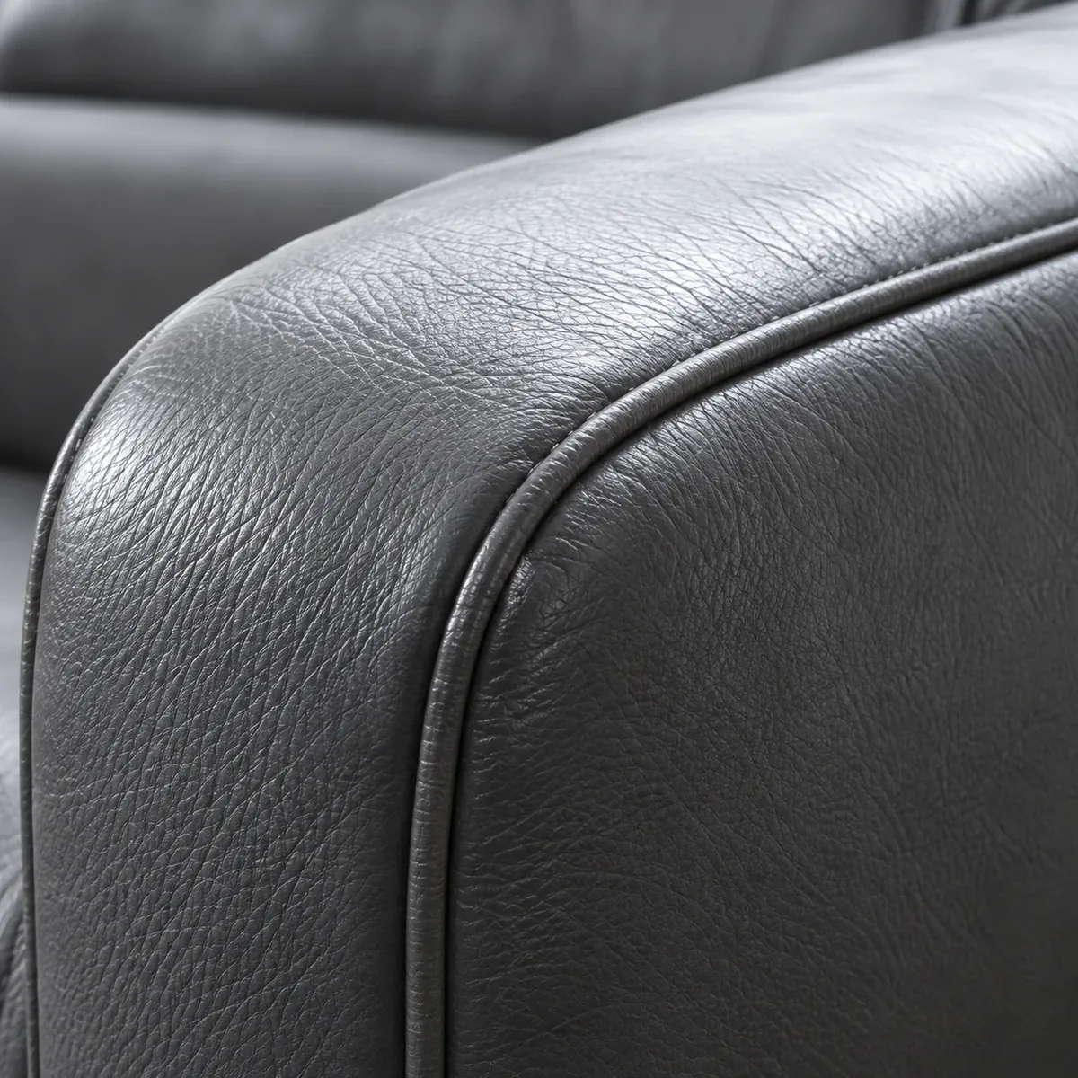 Close-up of a dark leather armrest and piping