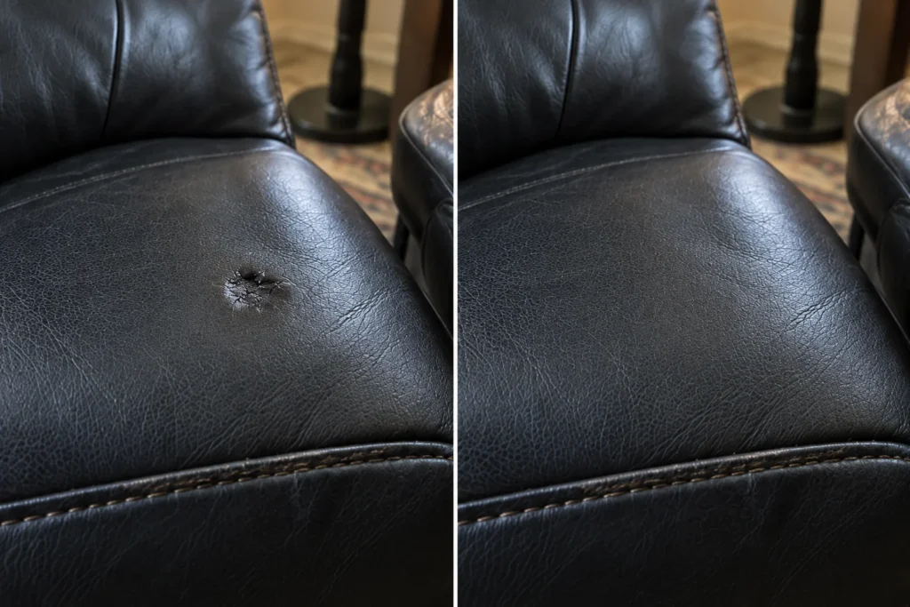Burn mark on a black leather sofa before and after repair