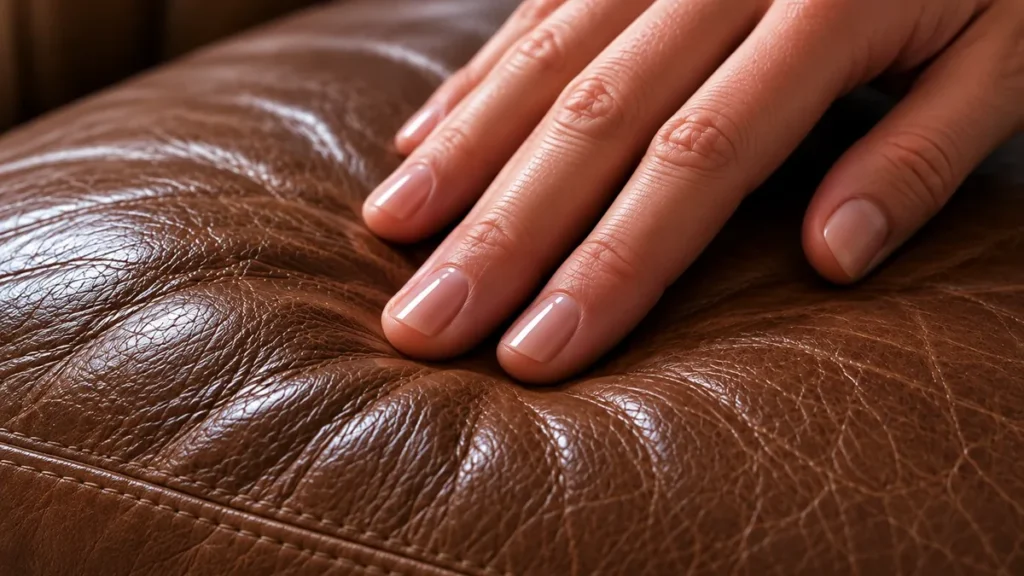 A hand pressing into leather to check how supple it is