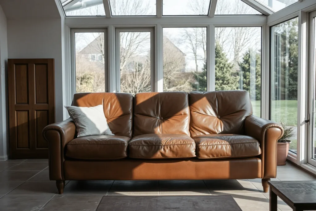 Tan leather couch in a sunroom with garden views