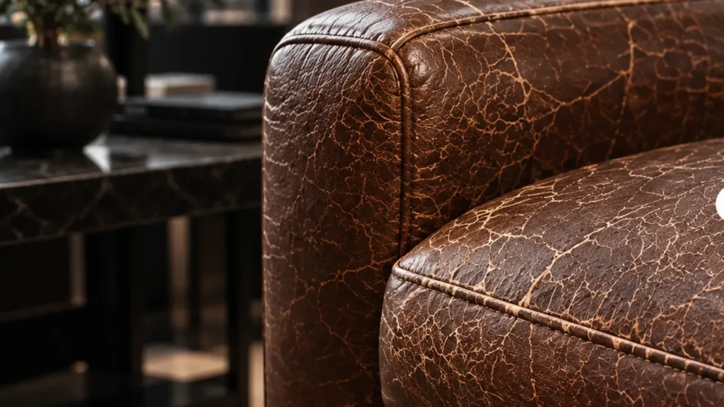 Cracked brown leather sofa seat before repair in New Jersey