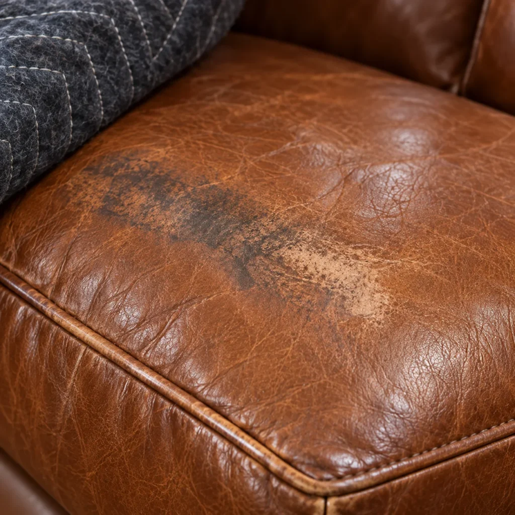 A leather cushion wrapped in a moving blanket