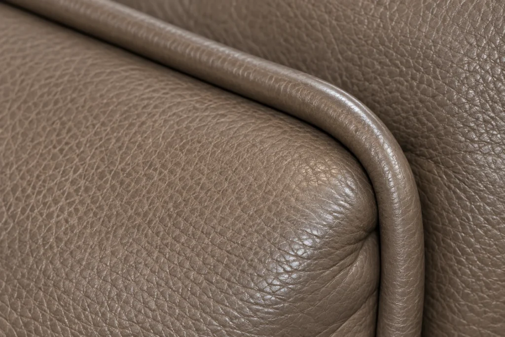 Self piping, leather dining chair edge detail