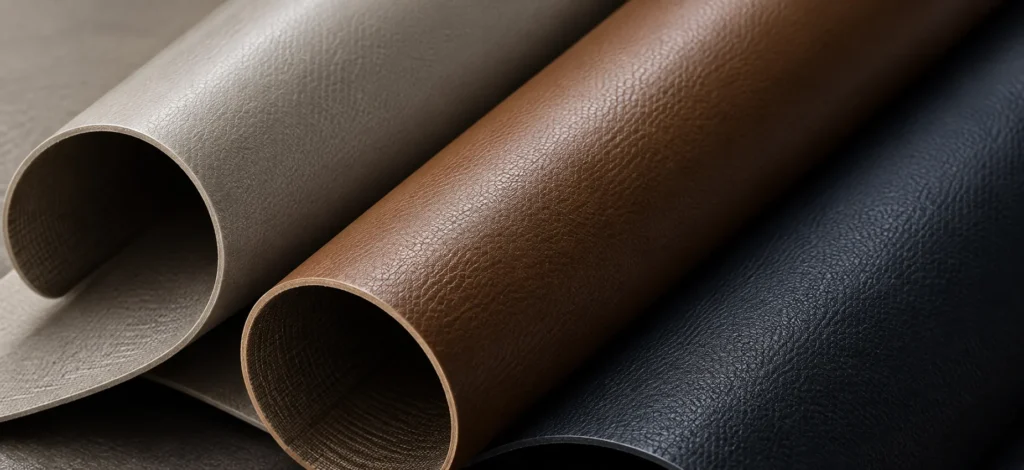 Leather hides rolled up in black, cognac and greige