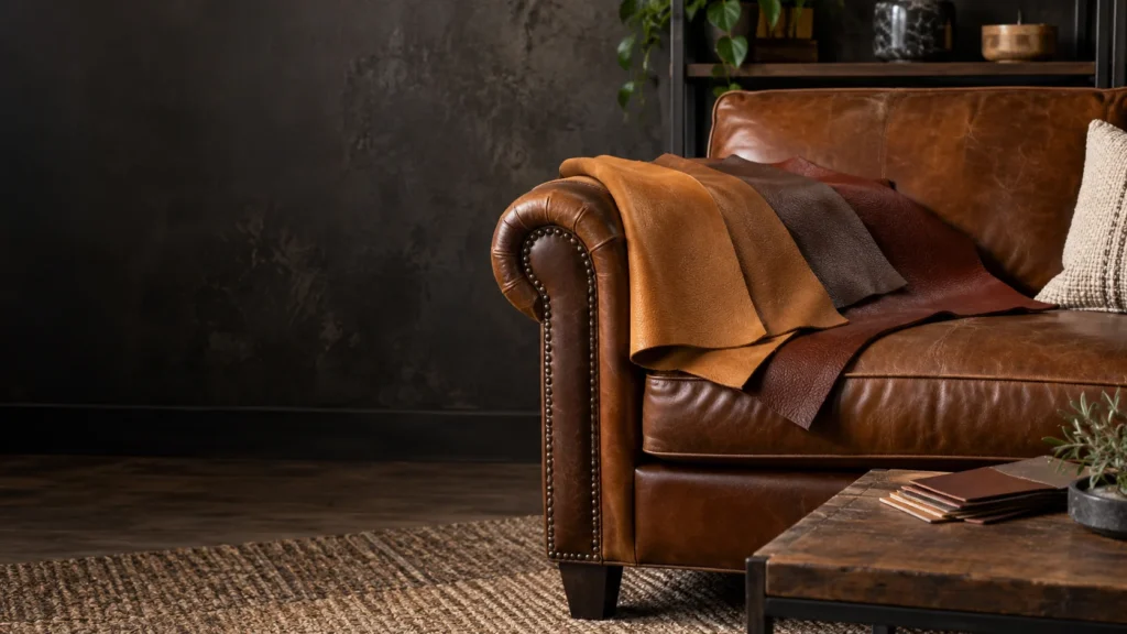 Hide samples held against a sofa