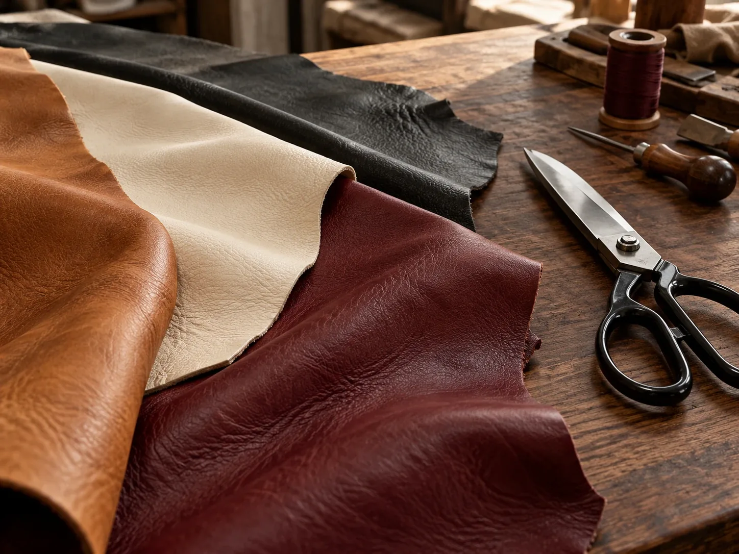 Leather hides in cognac, cream, black and oxblood laid out for color matching