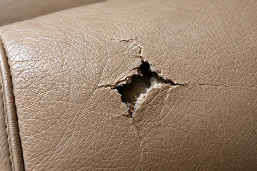 Hole in grey leather with foam behind it