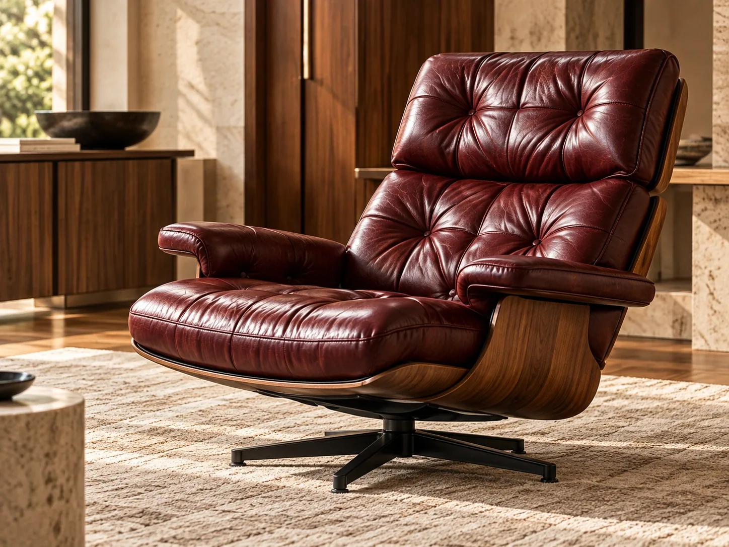 Burgundy tufted leather recliner on a swivel base