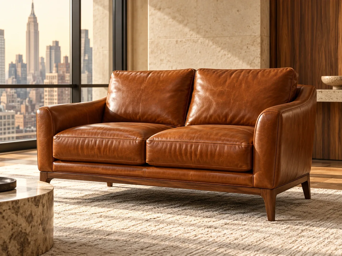 Cognac leather loveseat in a bright living room